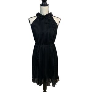 Nicole Miller Black Pleated Halter Dress with Flower Neckline XS